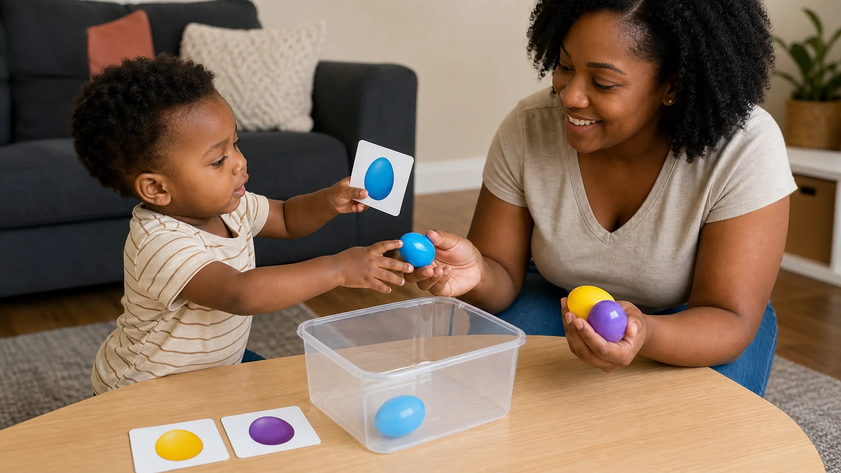 A toddler reaching toward a picture cue while a grown-up offers one plastic egg beside a clear finished container.