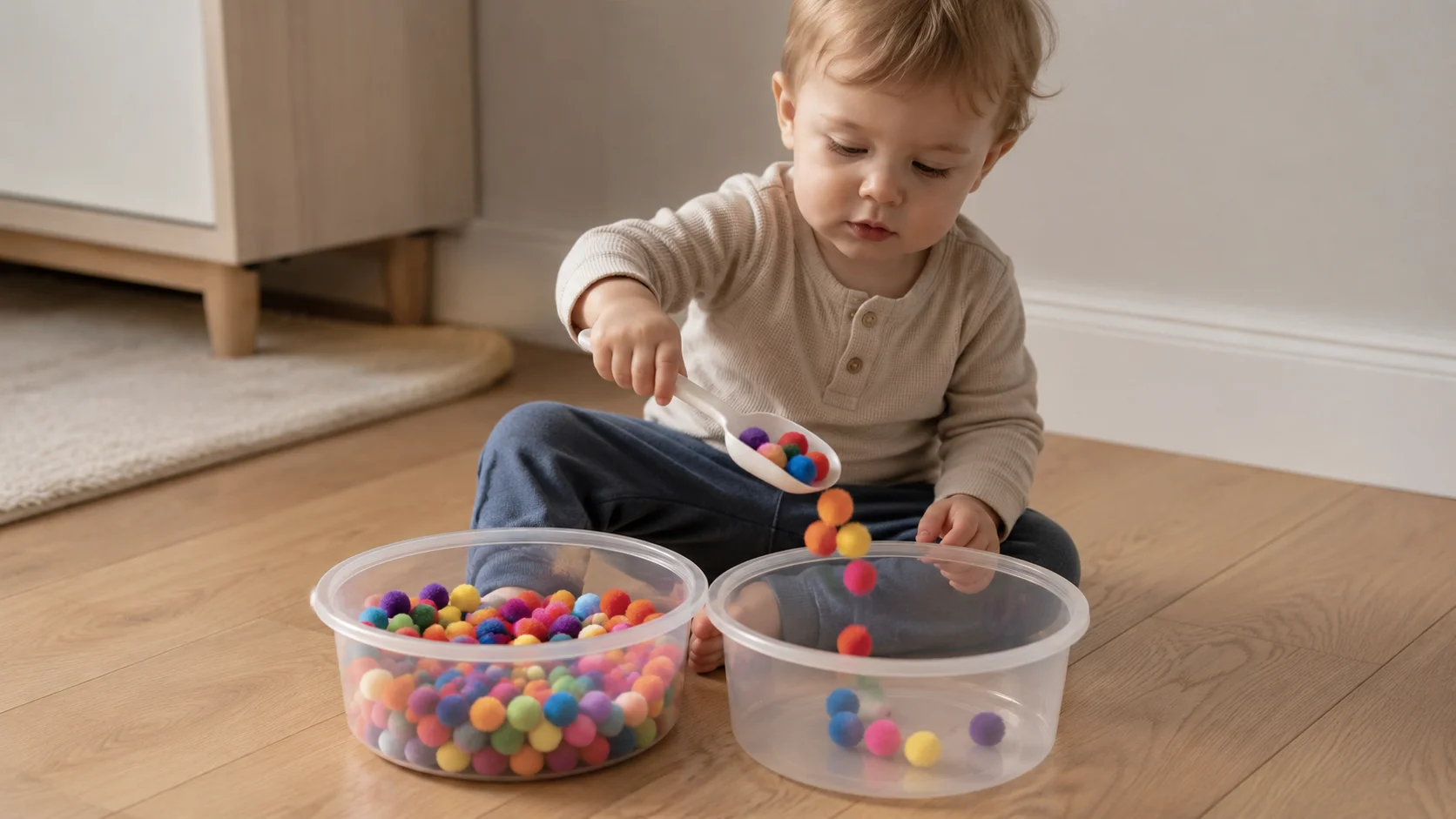 A toddler using a small scoop to move pom poms from one bowl into another bowl on the floor.